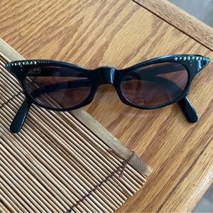 Black Cat-Eye Sunglasses with Rhinestone Accents and Purple Glass